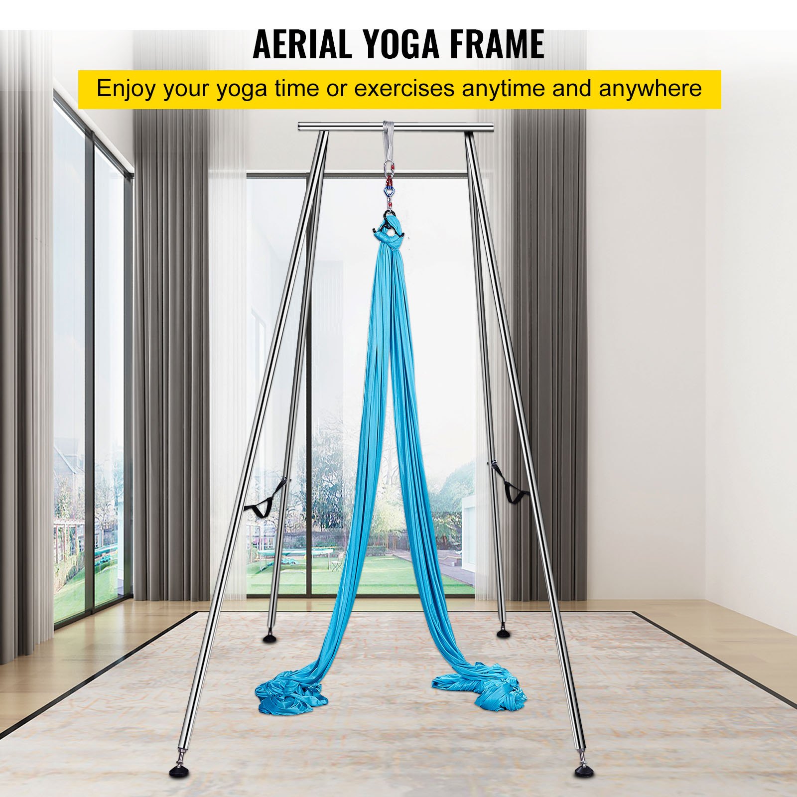 Eslinga de yoga VEVOR con inversión sobre un resistente marco de yoga aéreo en una habitación luminosa.