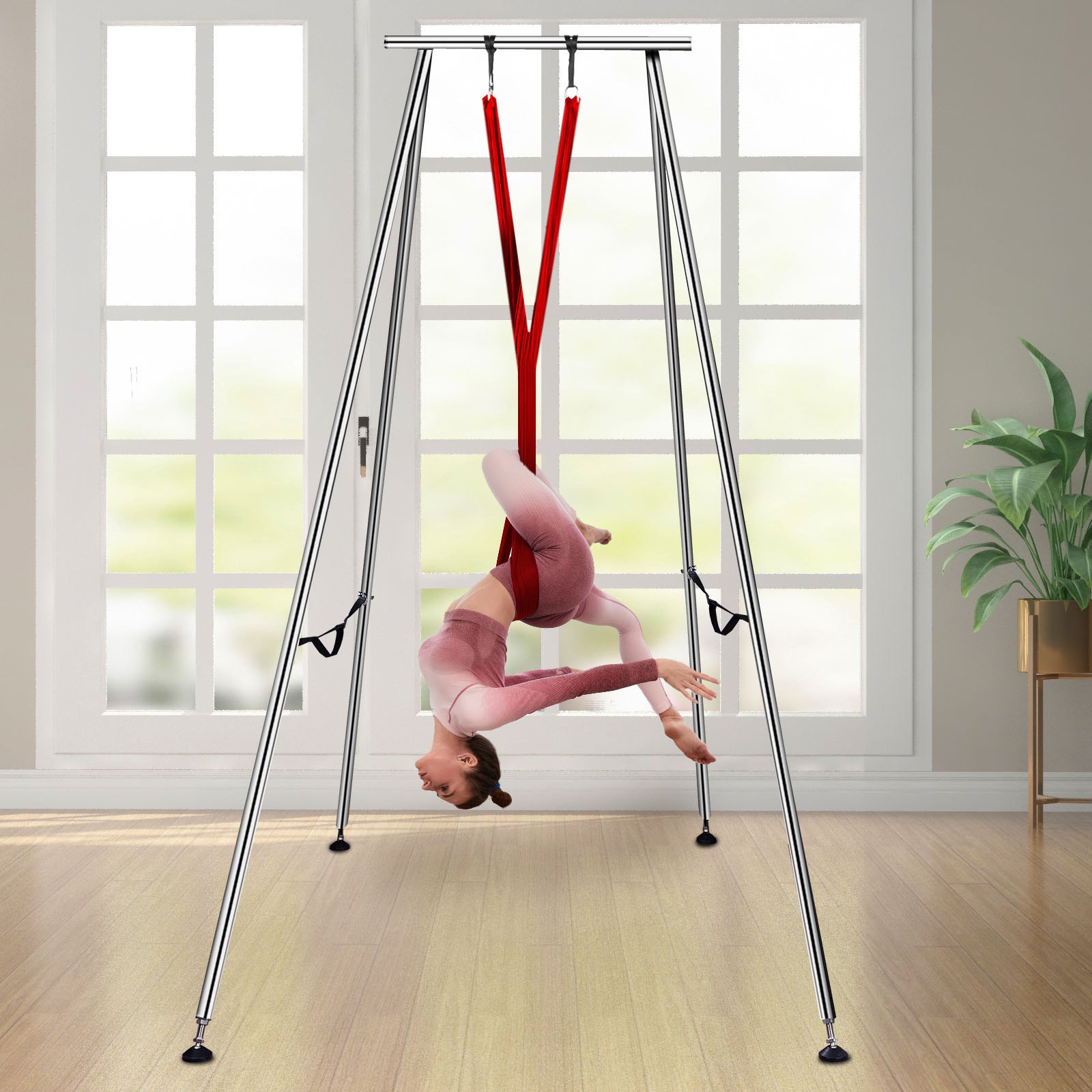 VEVOR Yoga Sling Inversion, Soporte de Yoga con Inversión de 30 kg, Marco de Yoga Aéreo de 250 kg con 6 m de Yoga Swing, Cinturón de Seguridad, Color Vino