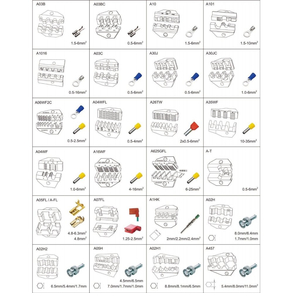 Varios juegos de matrices compatibles con la herramienta de crimpado neumática VEVOR para diferentes tamaños de cables.