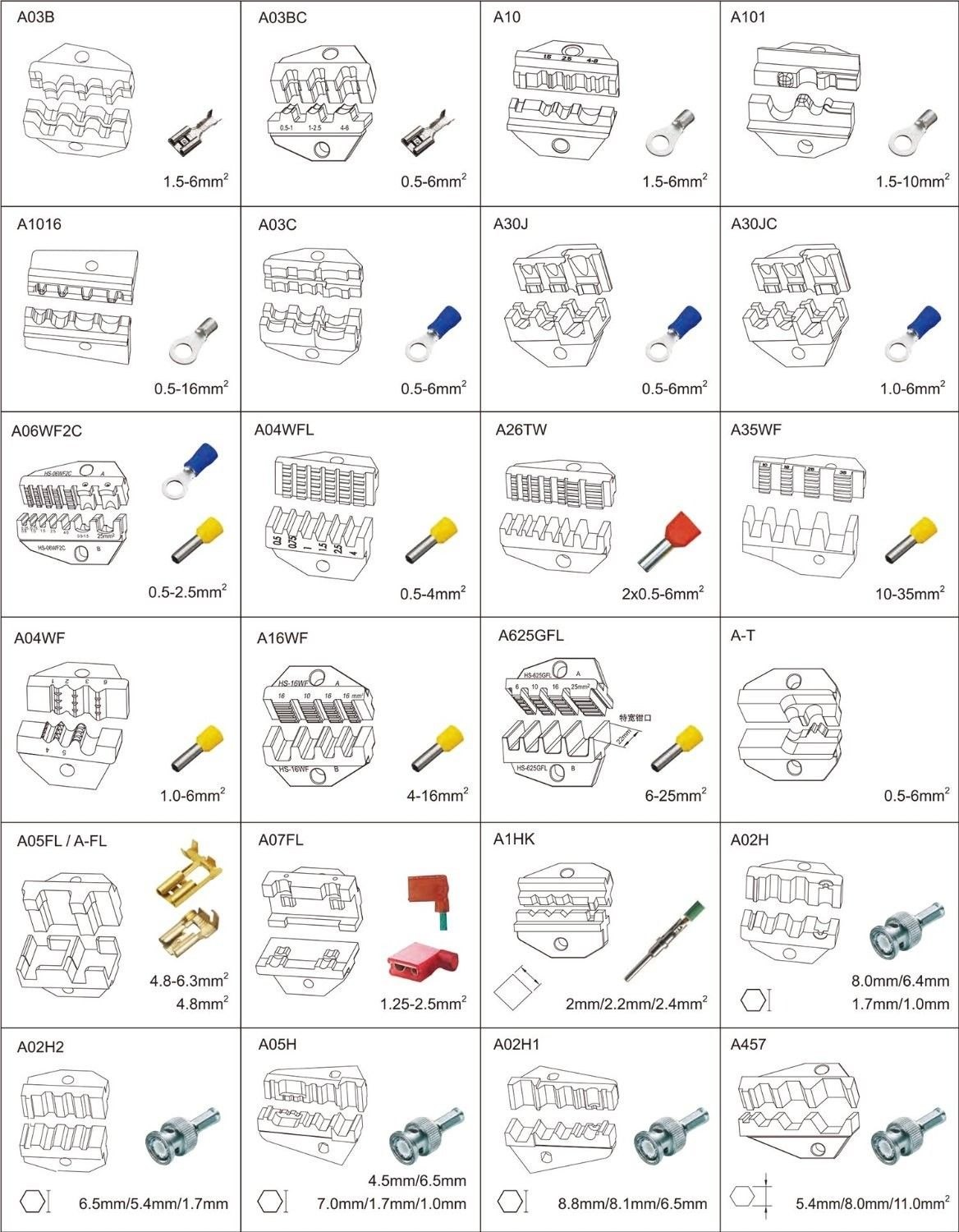 Varios juegos de matrices compatibles con la herramienta de crimpado neumática VEVOR para diferentes tamaños de cables.