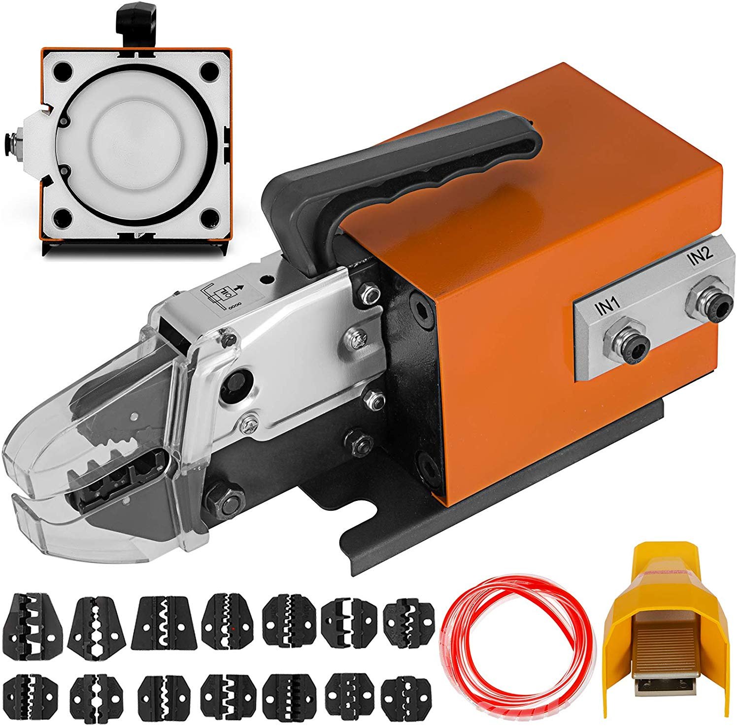 Herramienta de crimpado neumática VEVOR con varias matrices de crimpado y accesorios.