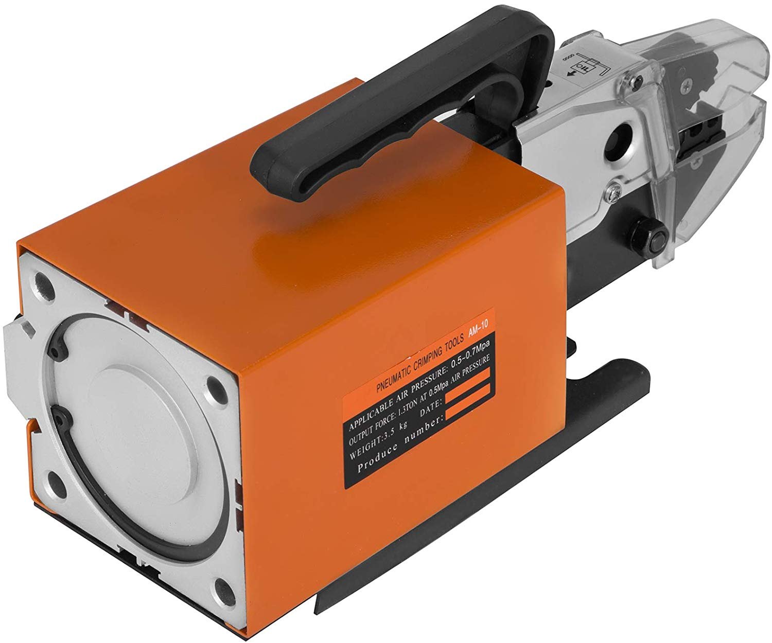Herramienta de crimpado neumática VEVOR naranja con mango y carcasa de metal.