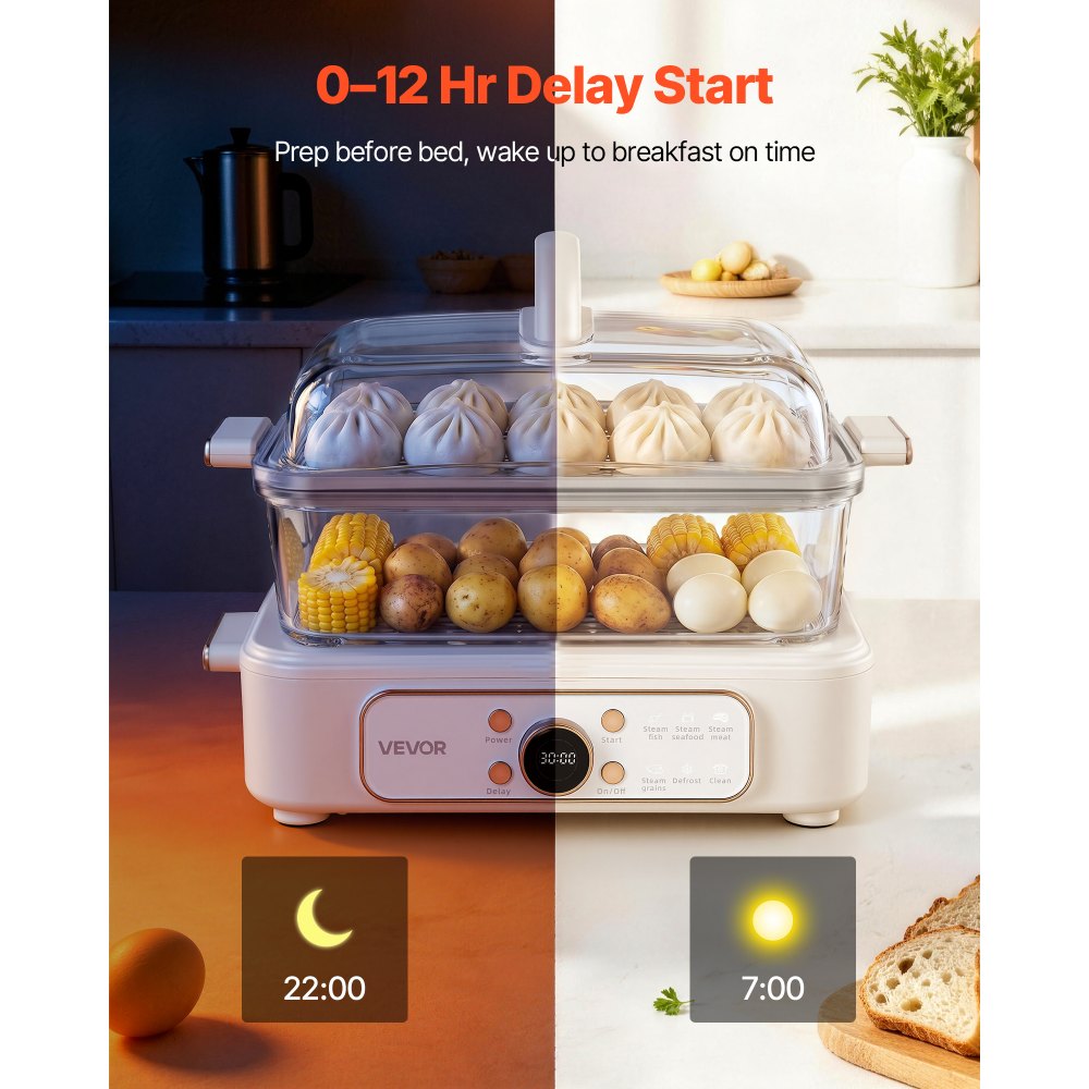 Vaporera eléctrica VEVOR de 6,3 litros con recipiente de vidrio y bandejas de acero inoxidable de 2 niveles, 1200 W. Vaporera para verduras, de 1 a 3 porciones, con ajustes preprogramados y función de inicio diferido. Ideal para verduras, mariscos y arroz. Color blanco.