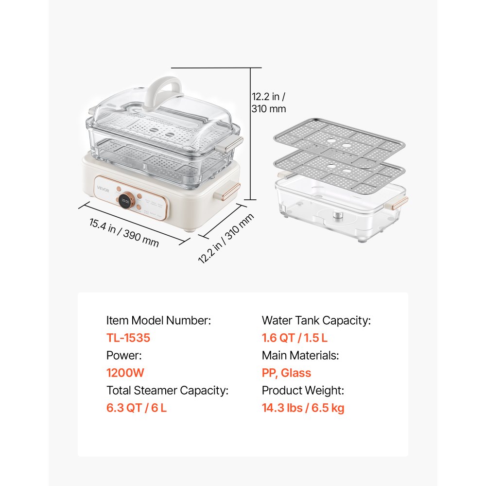Vaporera eléctrica VEVOR de 6,3 litros con recipiente de vidrio y bandejas de acero inoxidable de 2 niveles, 1200 W. Vaporera para verduras, de 1 a 3 porciones, con ajustes preprogramados y función de inicio diferido. Ideal para verduras, mariscos y arroz. Color blanco.