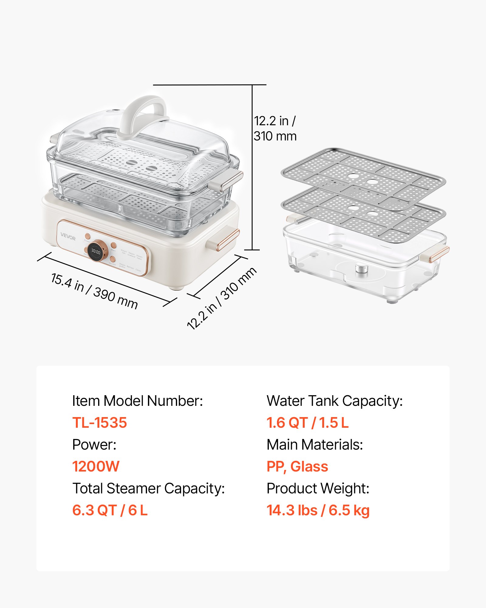 Vaporera eléctrica VEVOR de 6,3 litros con recipiente de vidrio y bandejas de acero inoxidable de 2 niveles, 1200 W. Vaporera para verduras, de 1 a 3 porciones, con ajustes preprogramados y función de inicio diferido. Ideal para verduras, mariscos y arroz. Color blanco.