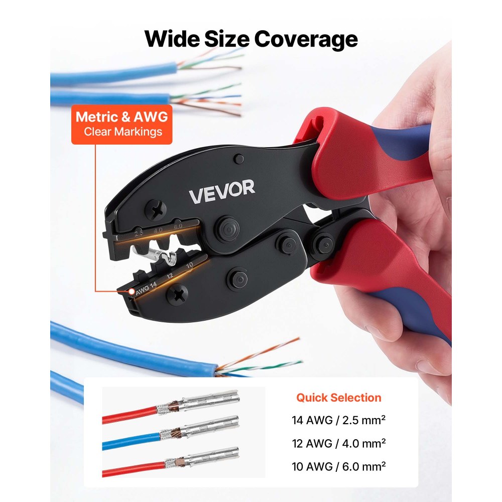 VEVOR Crimpadora Terminales Eléctricos, 2,5-6 mm², Alicates de Crimpado con Trinquete, con Conectores Solares y de Cables Llaves Bolsa de Transporte, Marcas Métrica y de AWG, Herramienta de Crimpado