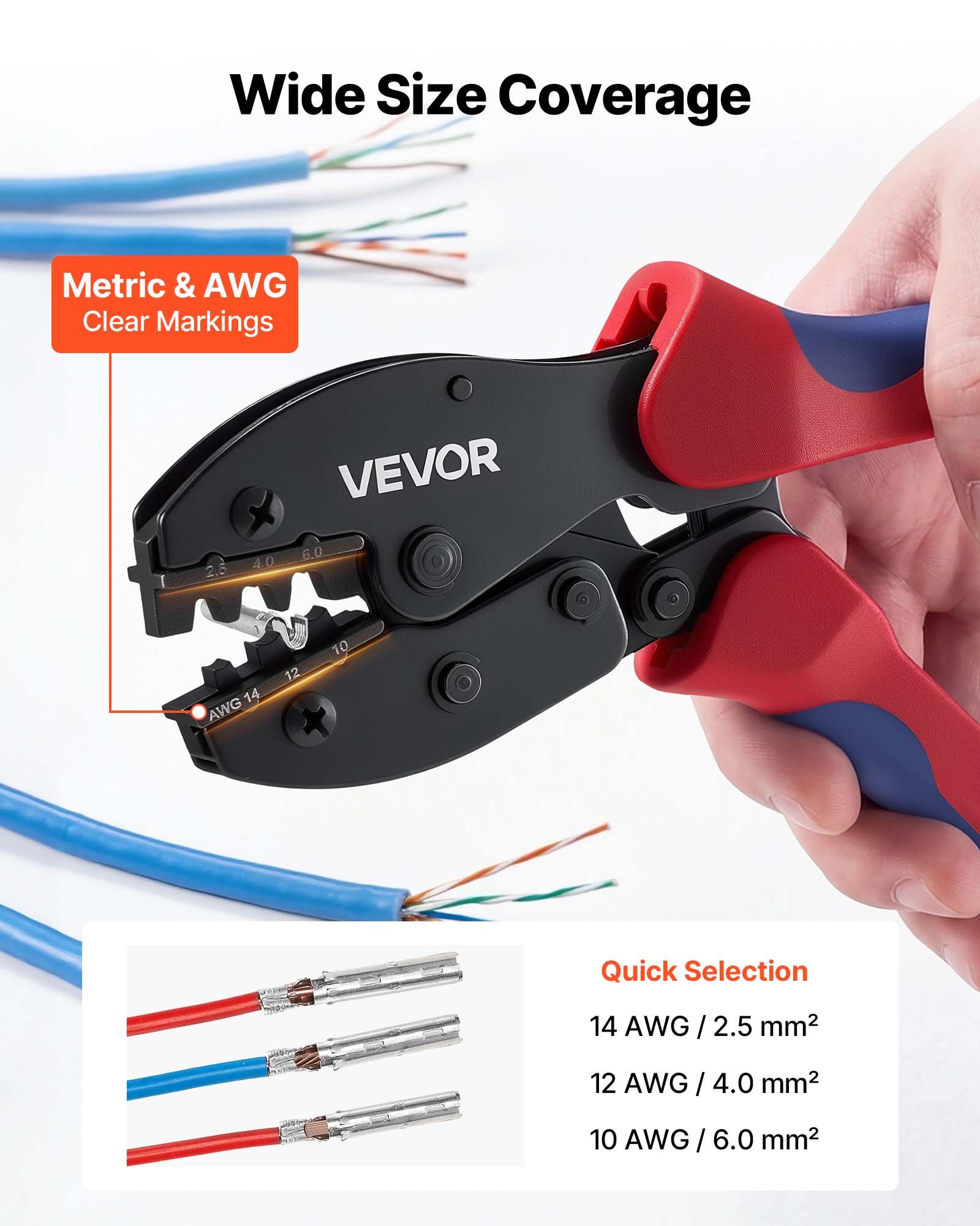VEVOR Crimpadora Terminales Eléctricos, 2,5-6 mm², Alicates de Crimpado con Trinquete, con Conectores Solares y de Cables Llaves Bolsa de Transporte, Marcas Métrica y de AWG, Herramienta de Crimpado