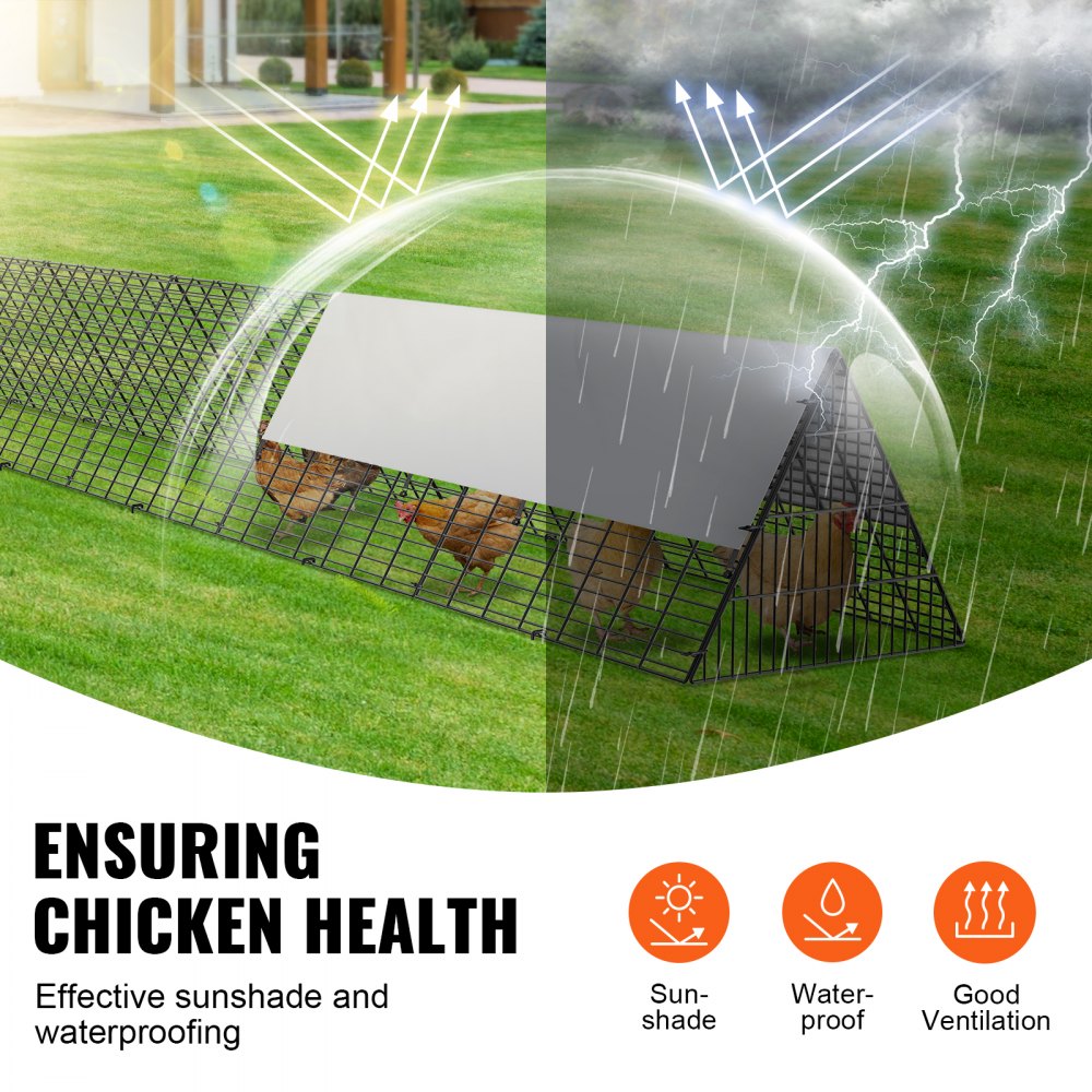 Los túneles para gallinas VEVOR proporcionan protección solar e impermeabilización eficaces, garantizando la salud de las gallinas en el césped verde.