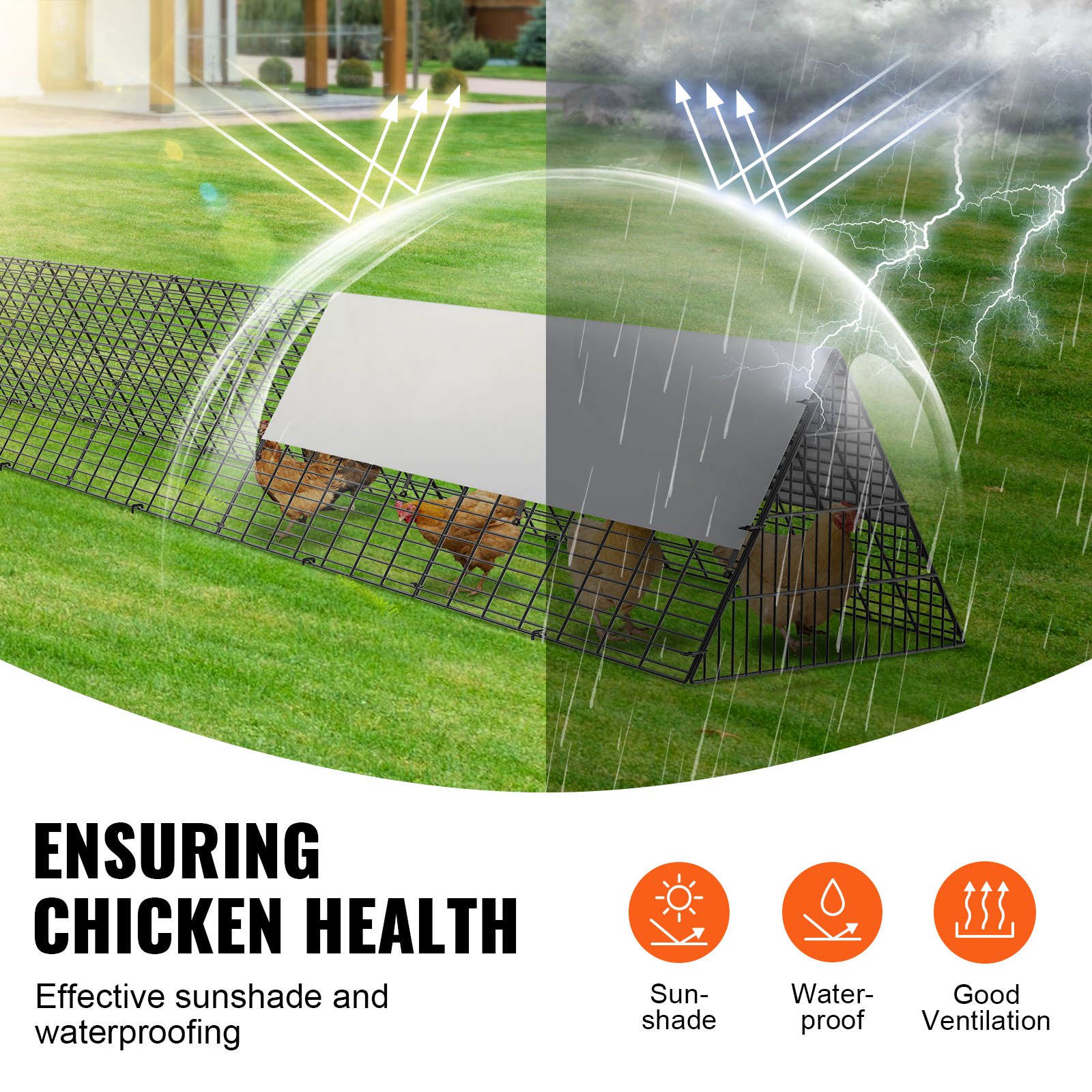 Los túneles para gallinas VEVOR proporcionan protección solar e impermeabilización eficaces, garantizando la salud de las gallinas en el césped verde.