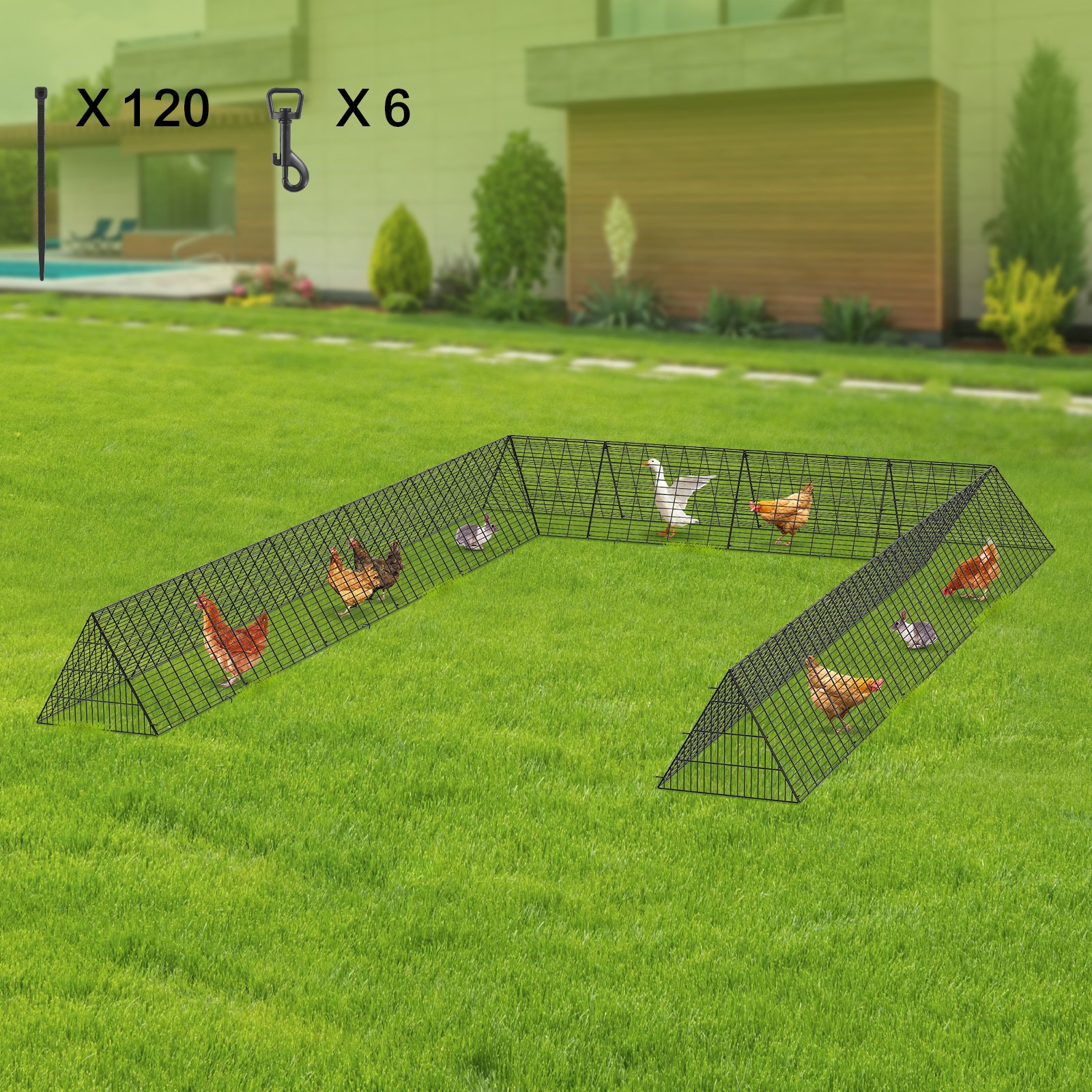 Túneles para pollos VEVOR instalados en un patio trasero con ganado encerrado de forma segura en una estructura de malla de alambre.