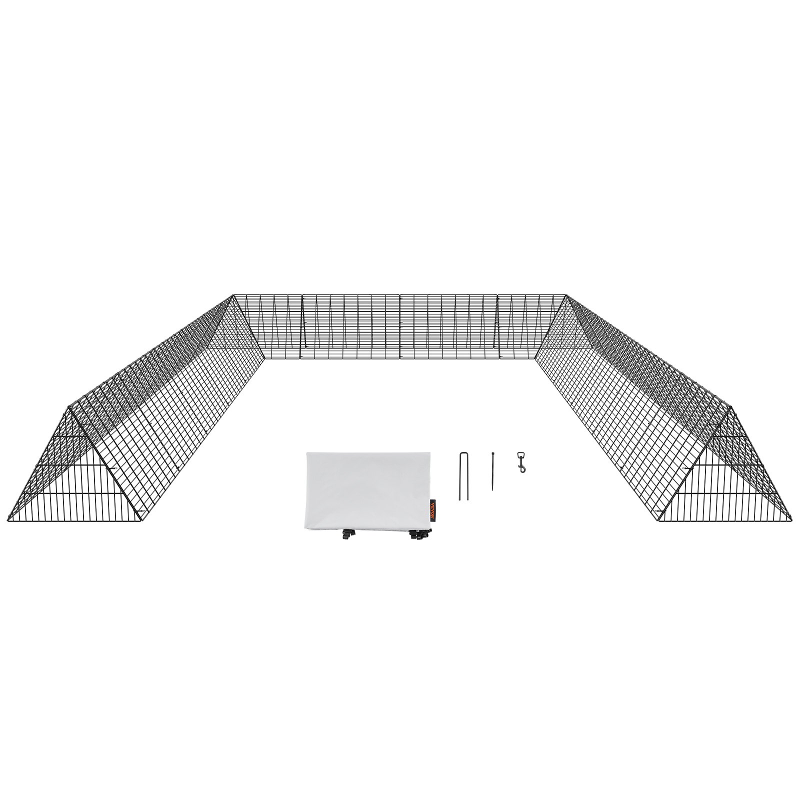 Kit de túneles para pollos VEVOR que incluye túneles de malla, cubierta y accesorios de instalación sobre fondo blanco.