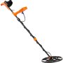 Detector de metales resistente al agua VEVOR con mango naranja brillante y bobina de detección negra para la búsqueda de tesoros.