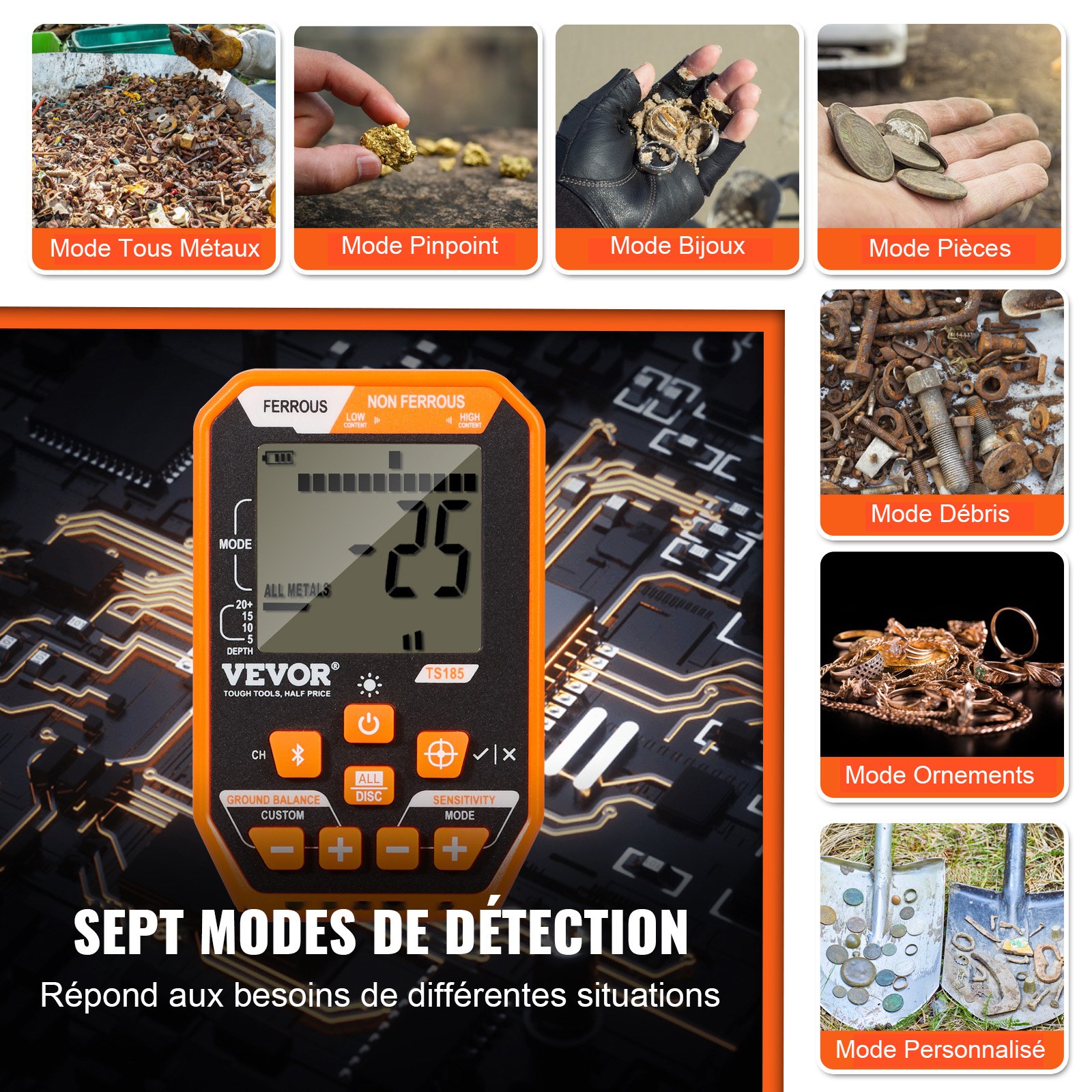 Detector de metales VEVOR resistente al agua, bobina de 12", detector de oro profesional recargable, ajustable de 39 a 50 pulgadas con pantalla LCD, 7 modos, chip DSP avanzado, auriculares Bluetooth, IP68 para detectar oro y buscar tesoros.