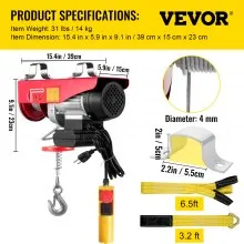 VEVOR Polipasto eléctrico cabrestante eléctrico de 880 libras elevador eléctrico de acero polipasto eléctrico de 110 V con control remoto y eslingas