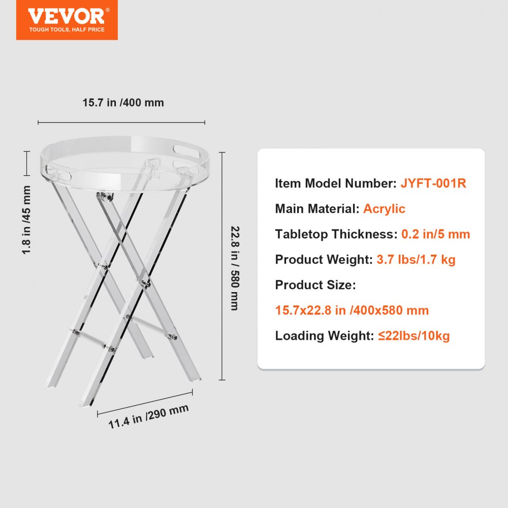 VEVOR Mesa de acrílico plegable con bandeja, mesa auxiliar de acrílico con patas plegables en X, mesa auxiliar de acrílico transparente para café, bebida, comida, refrigerio utilizado en la sala de estar, el dormitorio y el estudio