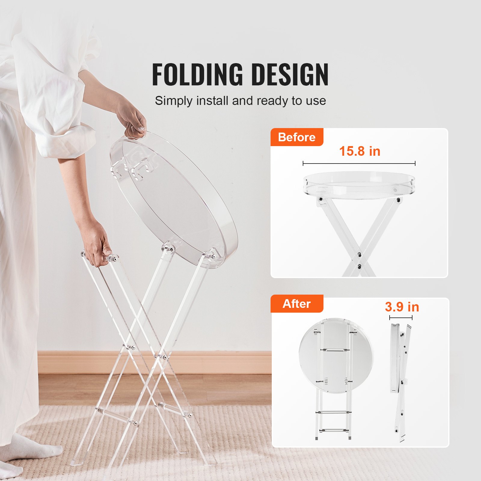 VEVOR Mesa de acrílico plegable con bandeja, mesa auxiliar de acrílico con patas plegables en X, mesa auxiliar de acrílico transparente para café, bebida, comida, refrigerio utilizado en la sala de estar, el dormitorio y el estudio
