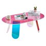 Mesa de centro acrílica colorida VEVOR con revistas, libros, una planta y una taza sobre una superficie rosa vibrante.