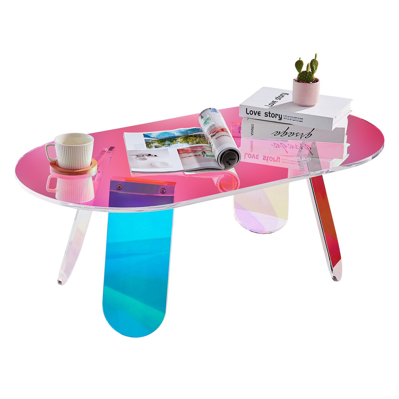 Mesa de centro acrílica colorida VEVOR con revistas, libros, una planta y una taza sobre una superficie rosa vibrante.