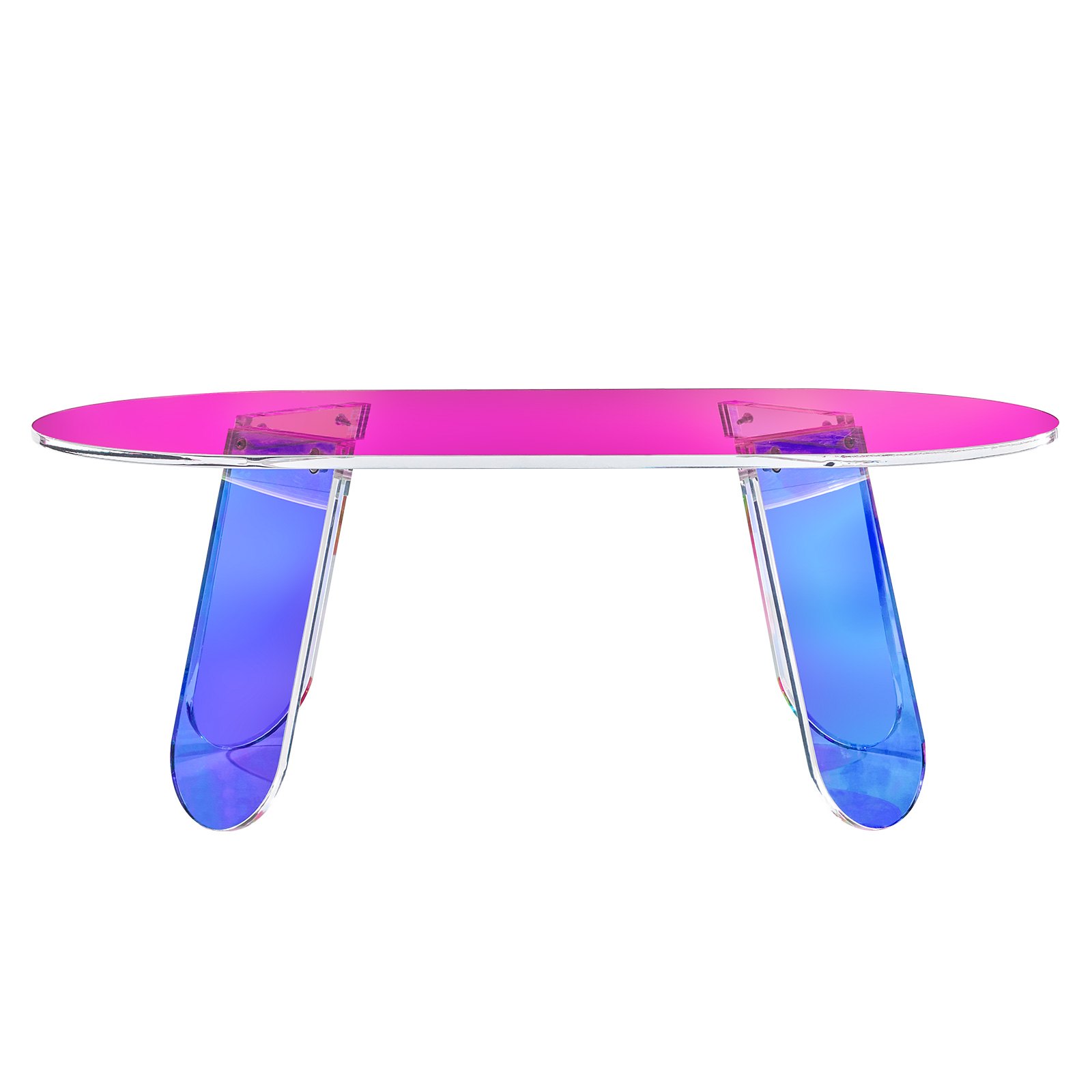 Moderna mesa de centro de acrílico VEVOR con tapa rosa vibrante y patas curvas azules.
