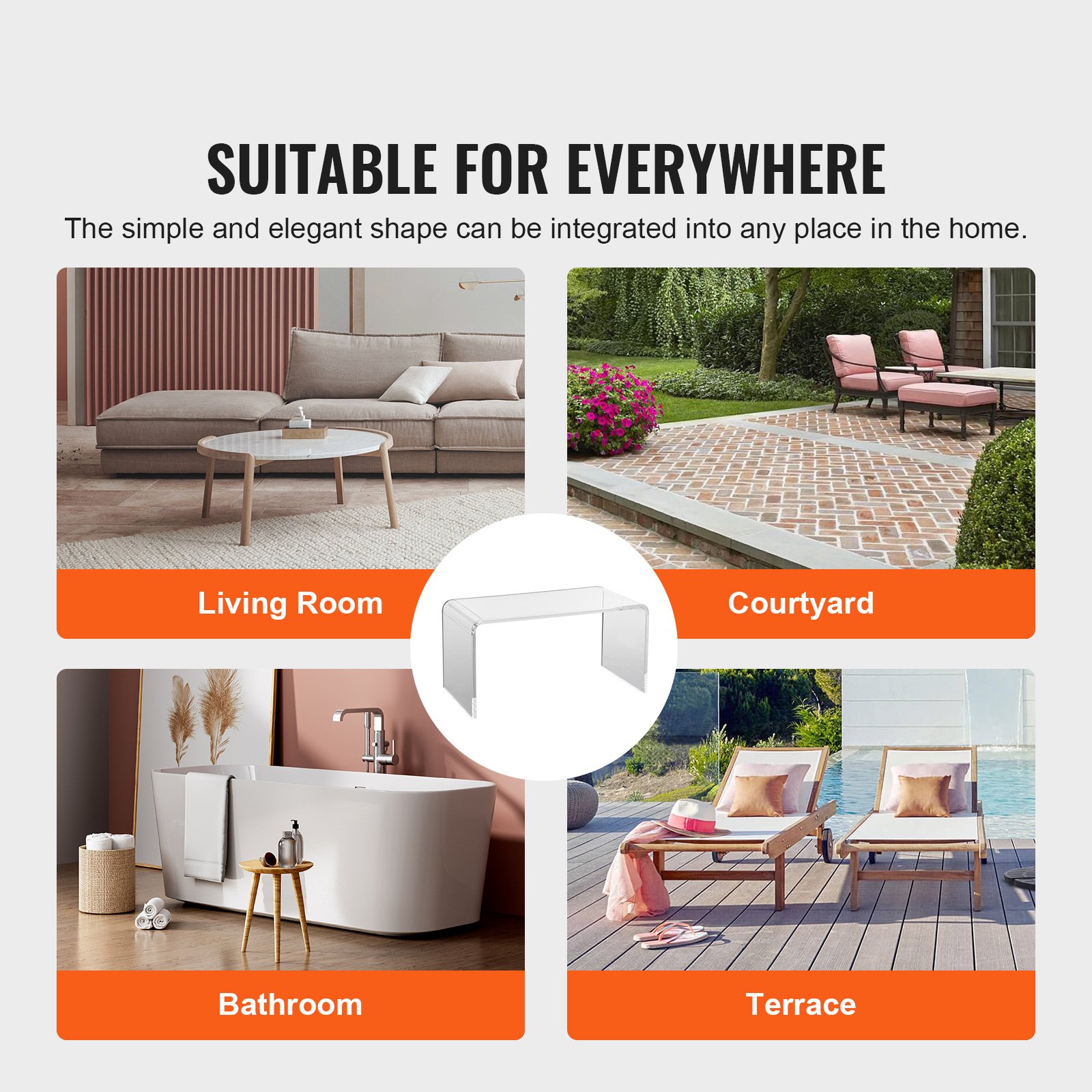 Mesa de centro acrílica VEVOR, mesa auxiliar de acrílico transparente en forma de C, 41 cm de alto, ideal para café, bebidas, comida y aperitivos en salas de estar, patios y terrazas.