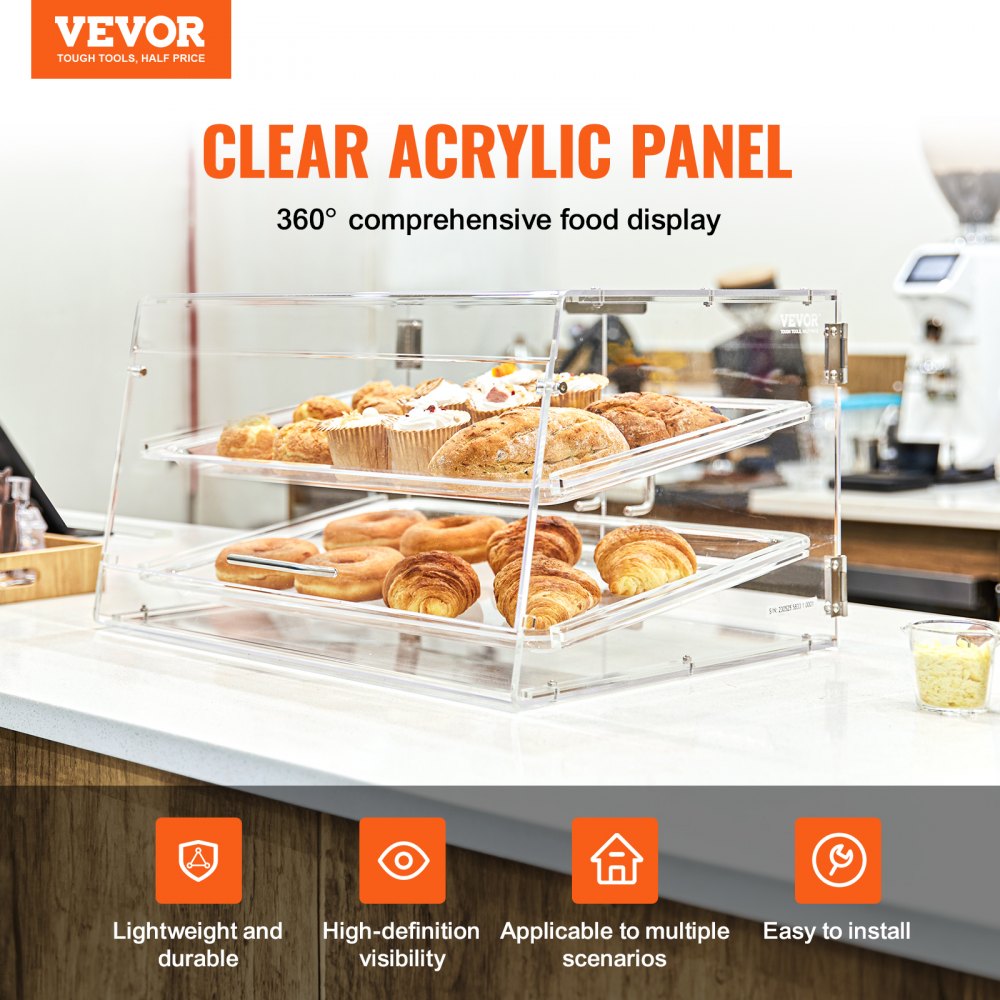 Vitrina para pastelería VEVOR, vitrina comercial de 2 niveles para mostrador de panadería, caja de acrílico con acceso a la puerta trasera y estantes extraíbles, mantiene frescos los productos de donas, bagels, pasteles y galletas, 53 x 33 x 30 cm.