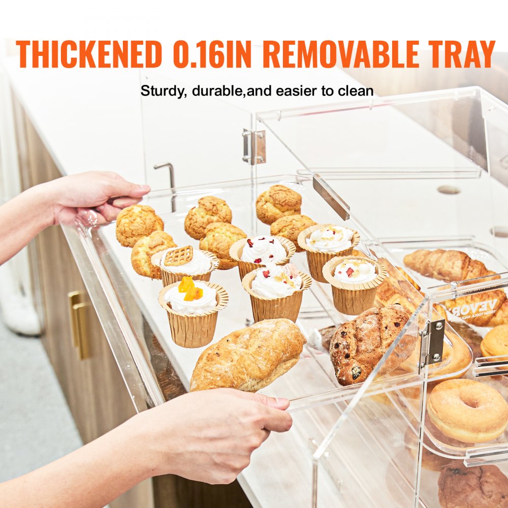 VEVOR Pastry Display Case, 3-Tier Commercial Countertop Bakery Display Case, Acrylic Display Box with Rear Door Access & Removable Shelves, Keep Fresh for Donut Bagels Cake Cookie, 20.7"x17"x16.3"