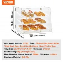 Vitrina de pastelería VEVOR, vitrina de panadería comercial de 3 niveles, caja de exhibición de acrílico con acceso a la puerta trasera y estantes extraíbles, mantiene fresco para galletas de pastel de donut bagels, 20.7 x 14.2 x 16.3 pulgadas