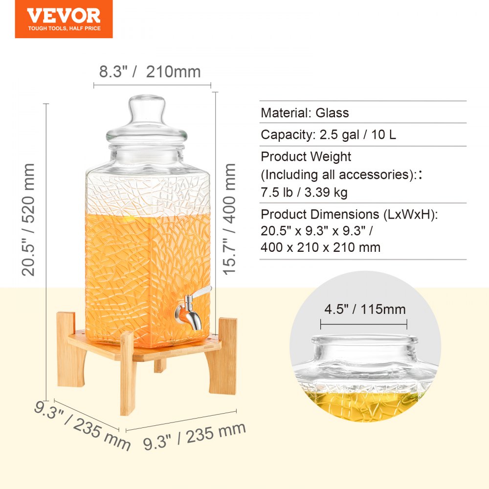 Dispensador de bebidas VEVOR de 2.5 galones para fiestas, dispensador de jugo de vidrio con soporte y grifo de acero inoxidable, ideal para té helado, limonada, jugo y agua, ideal para restaurantes, hoteles y fiestas.