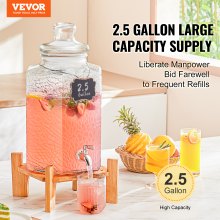 VEVOR Dispensador de bebidas, dispensadores de bebidas de 2,5 galones para fiestas, dispensador de jugo de vidrio con soporte, espiga de acero inoxidable, dispensador de agua de jugo de limonada de té helado, para restaurantes, hoteles, fiestas