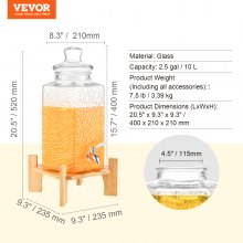 VEVOR Dispensador de bebidas, dispensadores de bebidas de 2,5 galones para fiestas, dispensador de jugo de vidrio con soporte, espiga de acero inoxidable, dispensador de agua de jugo de limonada de té helado, para restaurantes, hoteles, fiestas