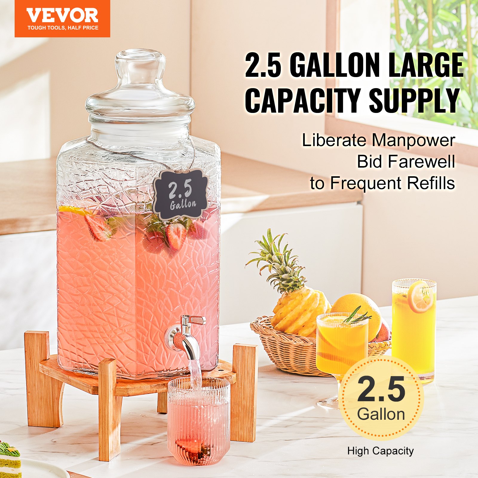 Dispensador de bebidas VEVOR de 2.5 galones para fiestas, dispensador de jugo de vidrio con soporte y grifo de acero inoxidable, ideal para té helado, limonada, jugo y agua, ideal para restaurantes, hoteles y fiestas.