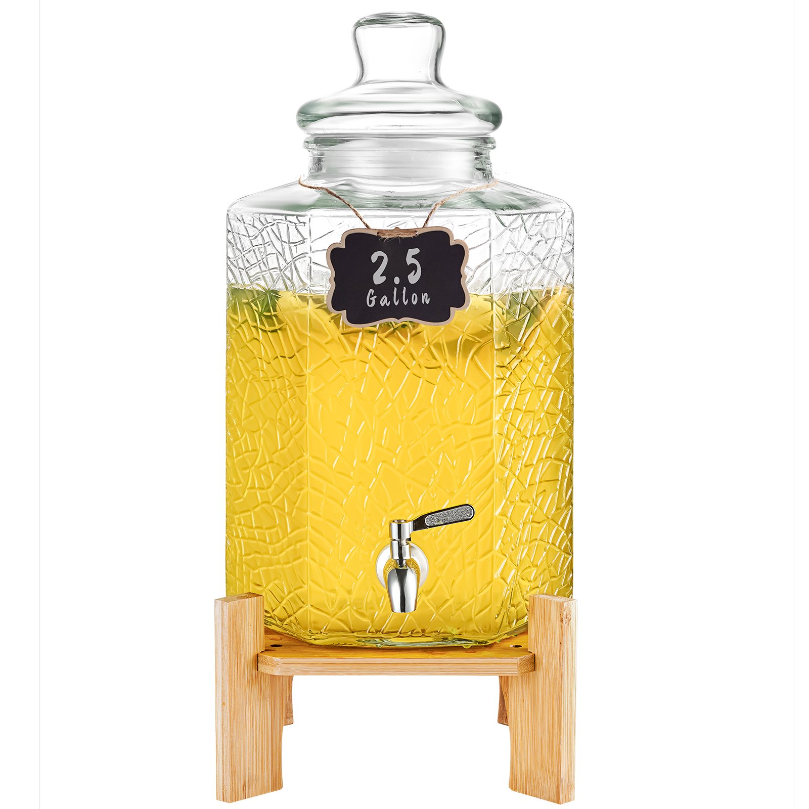 Dispensador de bebidas VEVOR de 2.5 galones para fiestas, dispensador de jugo de vidrio con soporte y grifo de acero inoxidable, ideal para té helado, limonada, jugo y agua, ideal para restaurantes, hoteles y fiestas.
