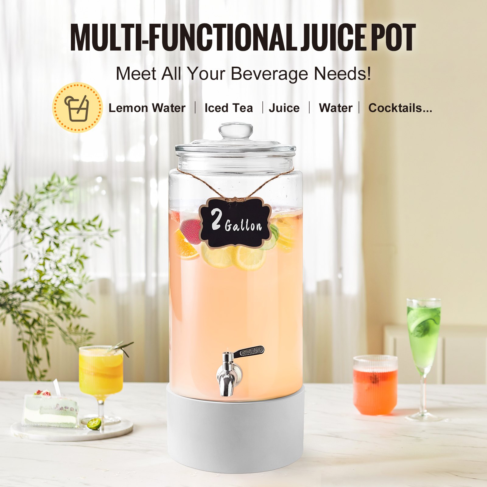 Dispensador de bebidas VEVOR, dispensador de bebidas de 7.5 litros para fiestas, dispensador de jugo de vidrio con grifo de acero inoxidable, dispensador de agua, jugo, té helado y limonada, para restaurantes, hoteles y fiestas.