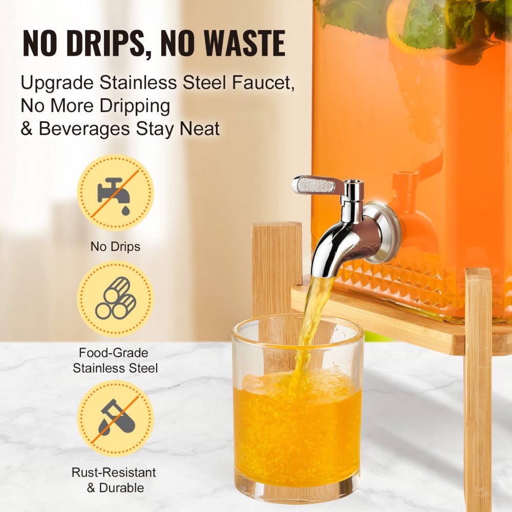 Dispensador de bebidas VEVOR con grifo de acero inoxidable que vierte bebida de naranja en vaso, sin goteos.