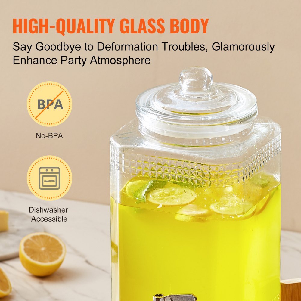 Dispensador de bebidas VEVOR con cuerpo de vidrio de alta calidad, sin BPA, apto para lavavajillas, lleno de limonada y rodajas de lima.