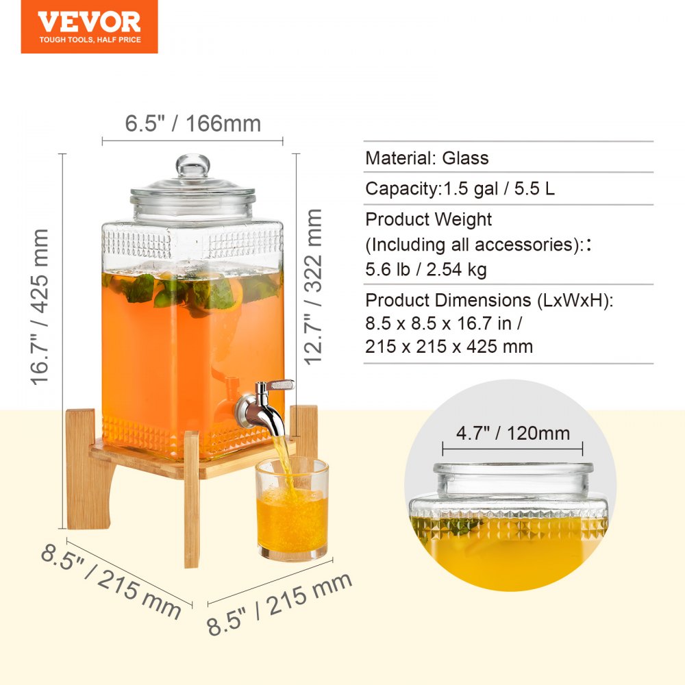 Dispensador de bebidas VEVOR con recipiente de vidrio, soporte de madera y dimensiones indicadas al lado.