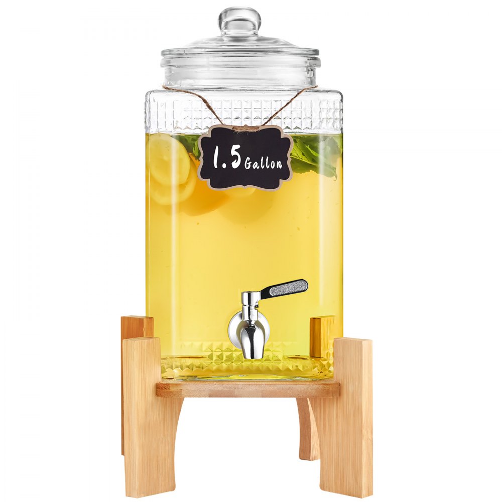 Dispensador de bebidas VEVOR de vidrio de 1,5 galones con bebida de limón en soporte de madera.