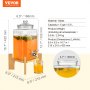 Dispensador de bebidas VEVOR con recipiente de vidrio, soporte de madera y dimensiones indicadas al lado.