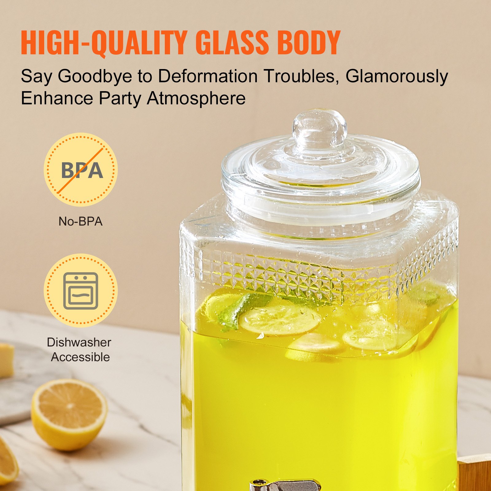Dispensador de bebidas VEVOR con cuerpo de vidrio de alta calidad, sin BPA, apto para lavavajillas, lleno de limonada y rodajas de lima.