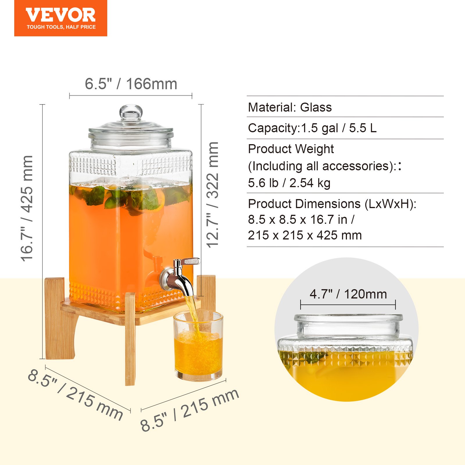 Dispensador de bebidas VEVOR con recipiente de vidrio, soporte de madera y dimensiones indicadas al lado.