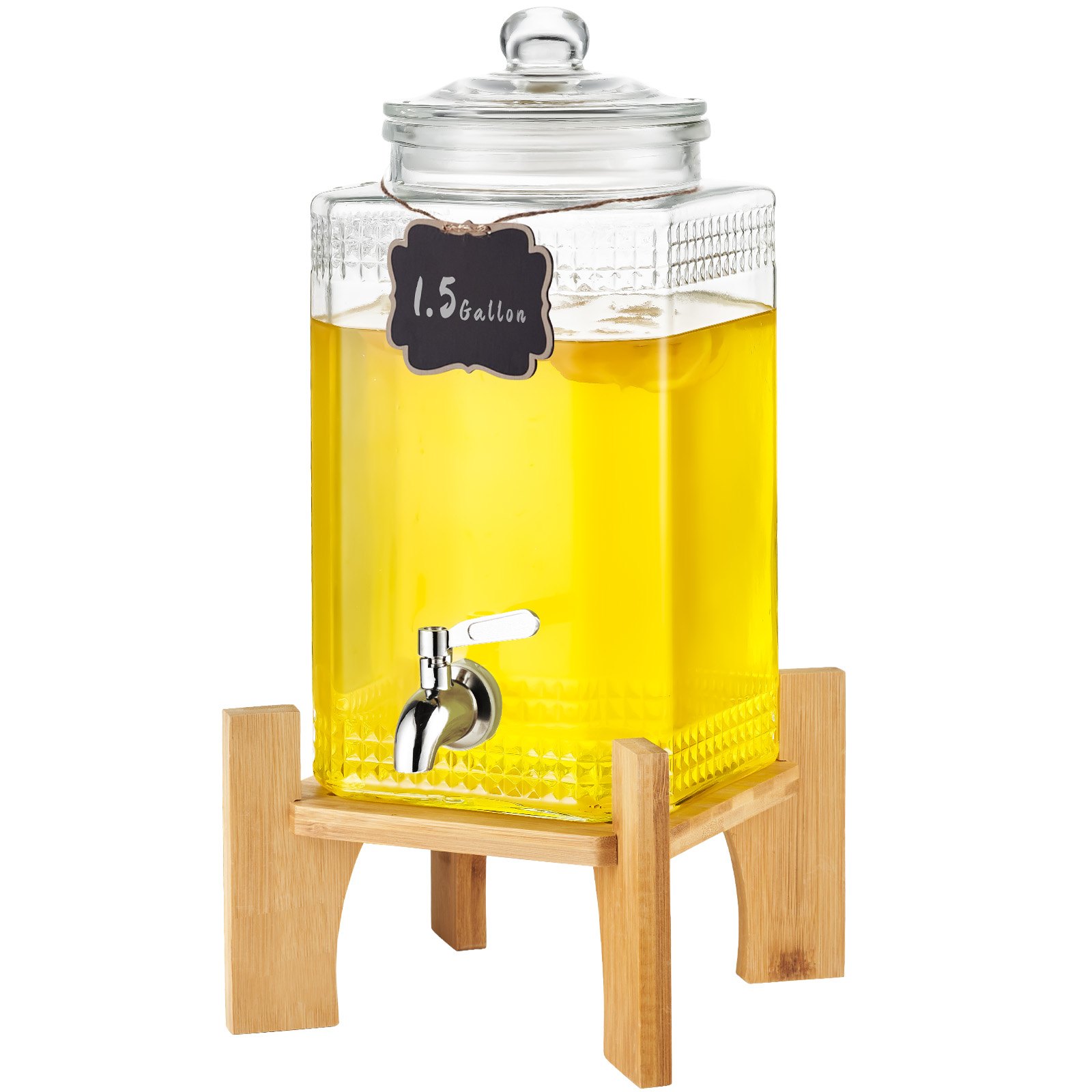 Dispensador de bebidas VEVOR con tapa de vidrio, capacidad de 1,5 galones en soporte de madera, lleno de líquido amarillo.