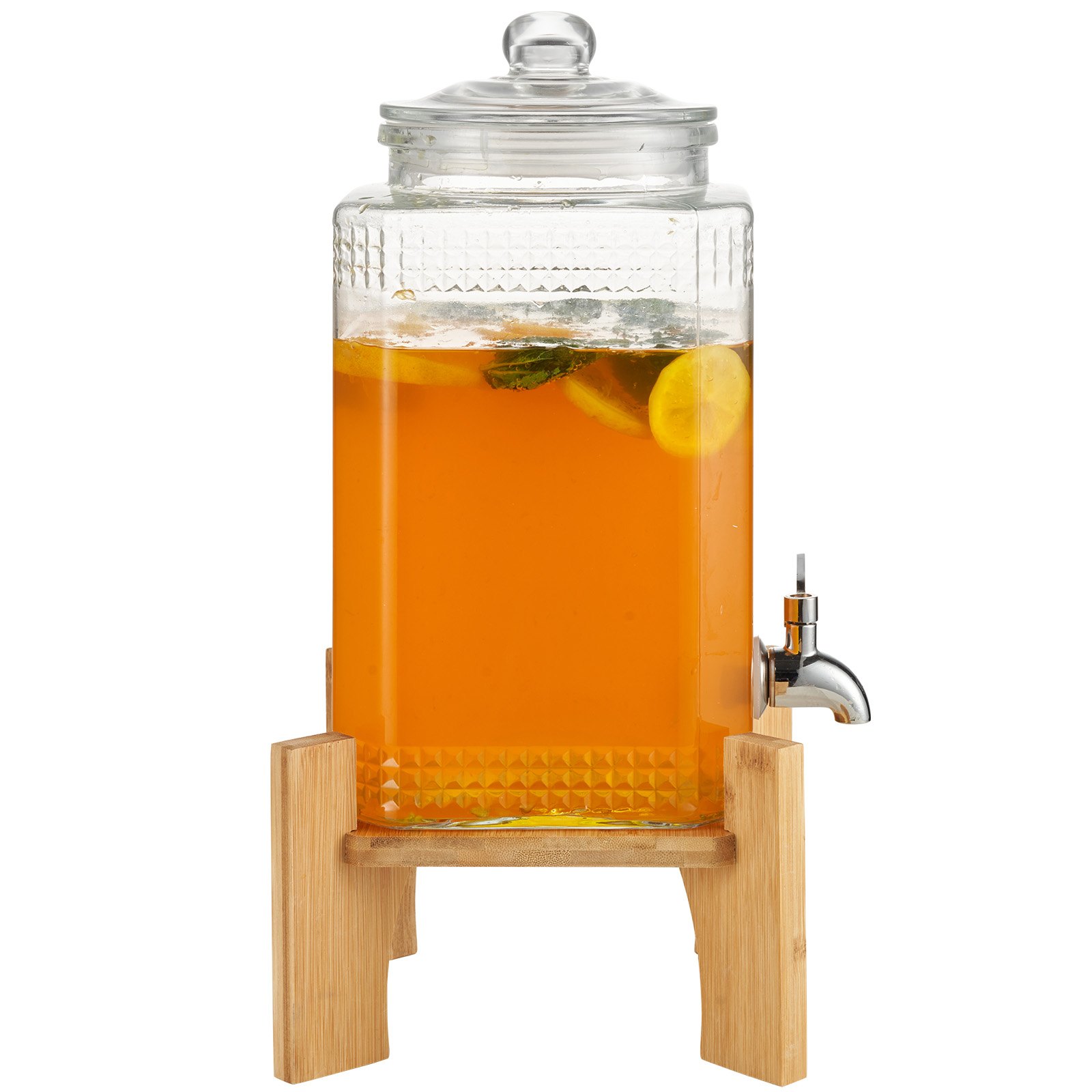 Dispensador de bebidas VEVOR de vidrio transparente con soporte de madera, lleno de bebida de naranja y rodajas de limón.