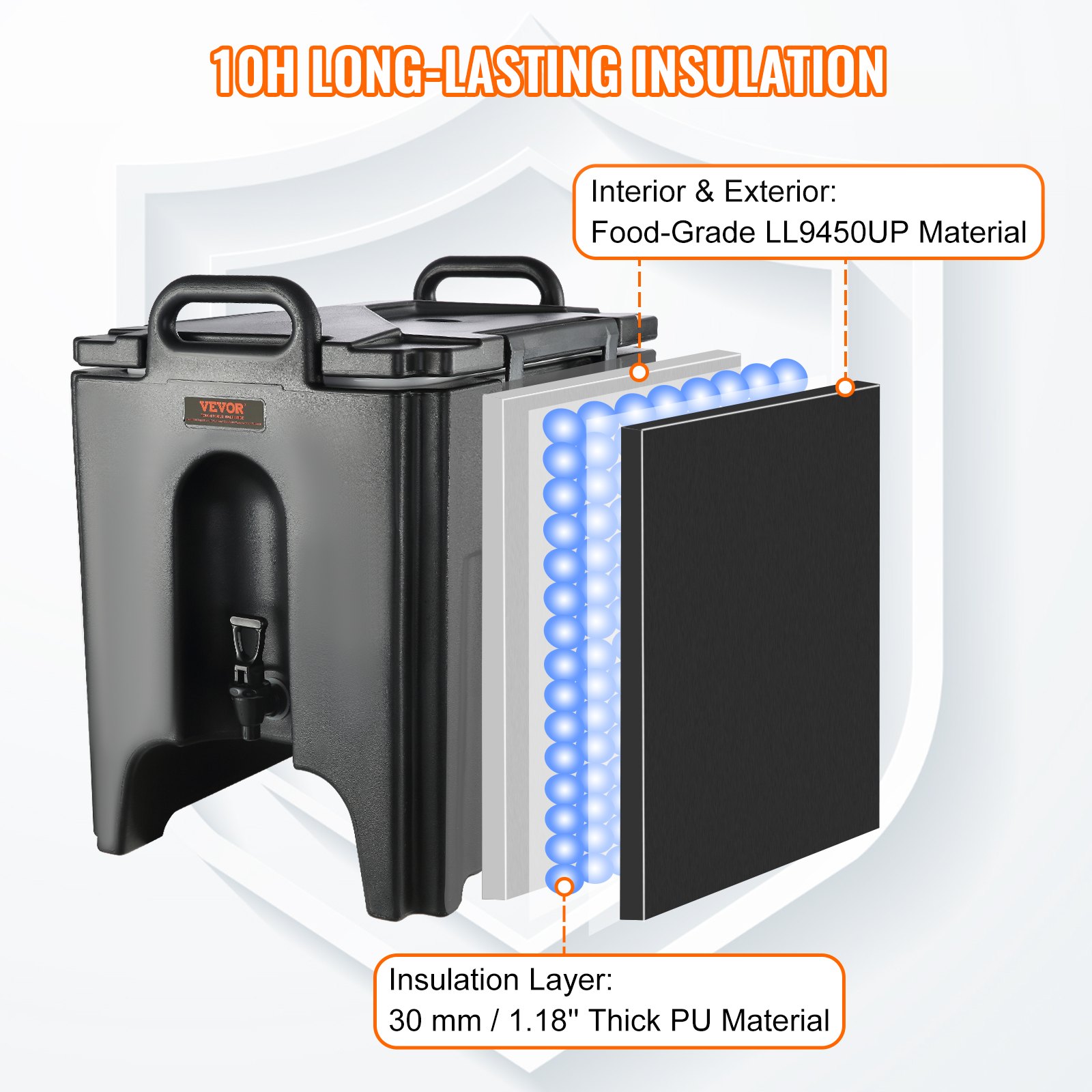 Dispensador de bebidas aislado VEVOR, 10 galones, apto para uso alimentario LL9450UP, enfriador térmico con grifo de dos etapas y capa de poliuretano de 1,18 pulgadas, para restaurante y tienda de bebidas.