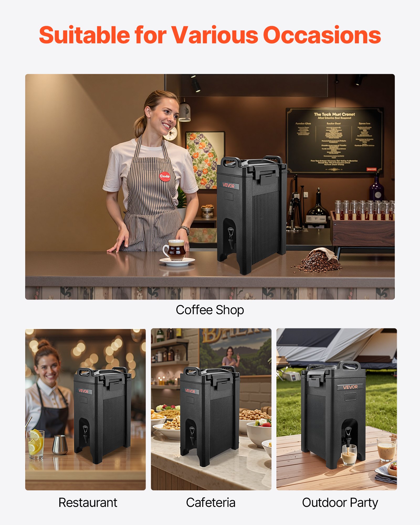 Dispensador de bebidas isotérmico VEVOR, 19 L (5 galones), para bebidas frías y calientes, con grifo y asa. Enfriador térmico de grado alimenticio para té, café y agua en cafeterías y restaurantes. Paquete de 2 unidades, color negro.