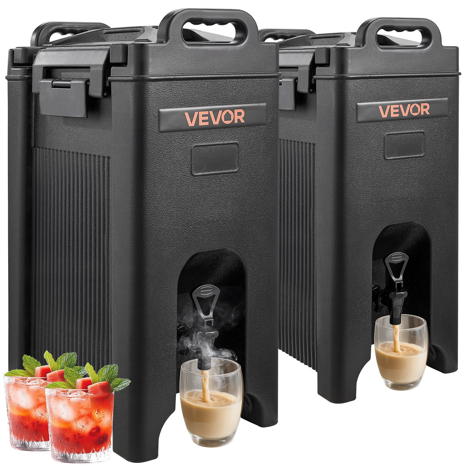 Dispensador de bebidas isotérmico VEVOR, 19 L (5 galones), para bebidas frías y calientes, con grifo y asa. Enfriador térmico de grado alimenticio para té, café y agua en cafeterías y restaurantes. Paquete de 2 unidades, color negro.