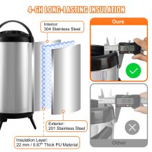 VEVOR Dispensador de bebidas con aislamiento de acero inoxidable, 2,4 galones, 9,2 litros, dispensador térmico de bebidas frías y calientes con mango de espiga, apto para uso alimentario para té caliente, café, agua, restaurante, tienda de bebidas