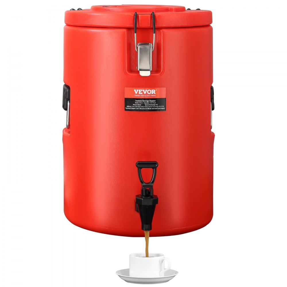 Dispensador de bebidas de acero inoxidable VEVOR rojo que vierte café en una taza blanca sobre un platillo.