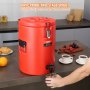 Dispensador de bebidas de acero inoxidable VEVOR con grifo antigoteo sobre una encimera de cocina con tazas y frutas.