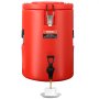 Dispensador de bebidas de acero inoxidable VEVOR rojo que vierte café en una taza blanca sobre un platillo.