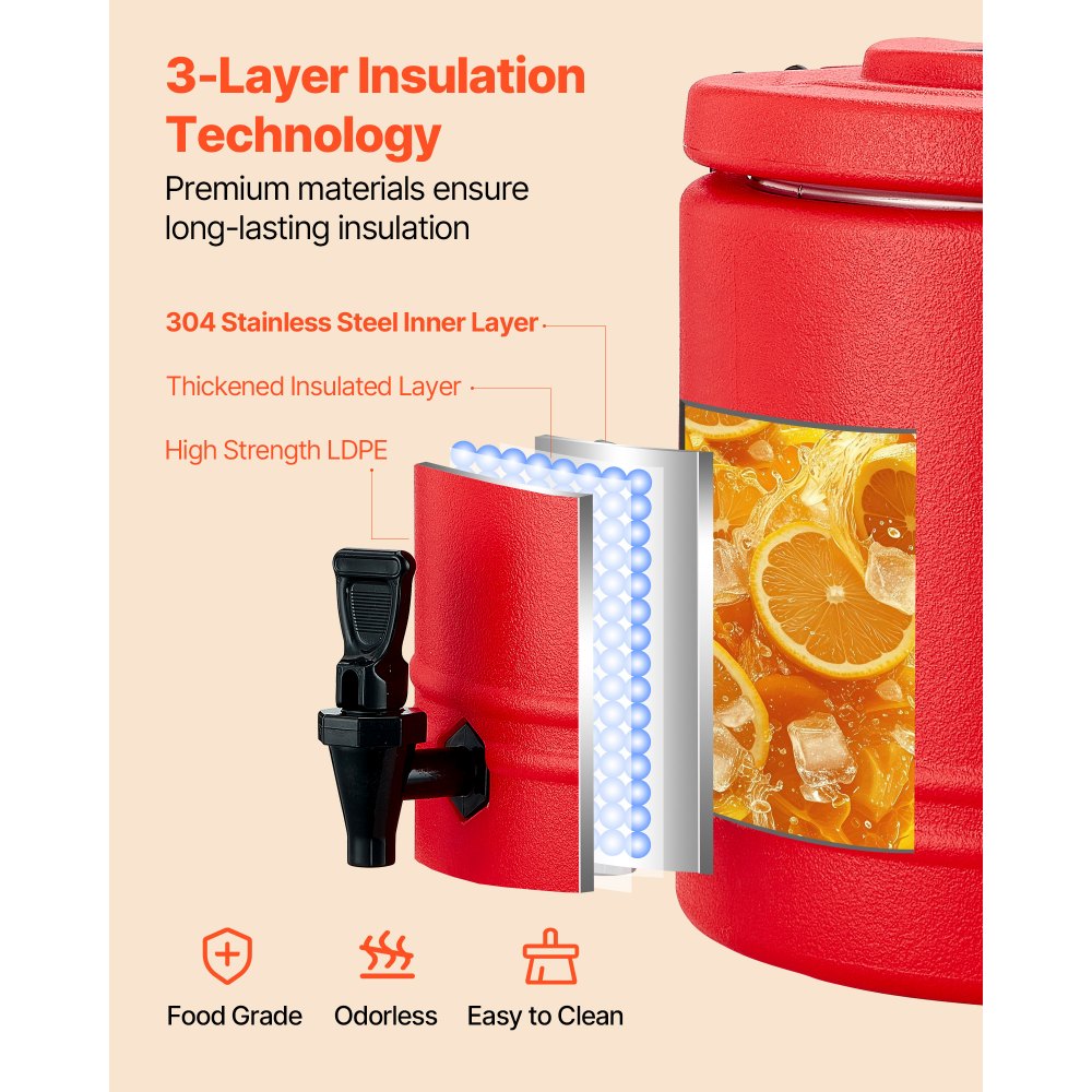 VEVOR Insulated Beverage Dispenser, 2.2 Gal/8L Thermal Hot and Cold Drink Server Dispenser with Spigot, Food-Grade Cooler Jug with 304 Stainless Steel Interior, for Tea Coffee Restaurant Outdoor